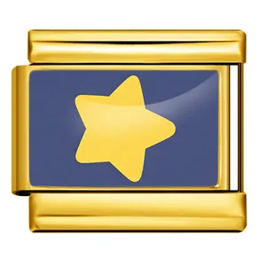 Close-up of gold Italian charm link with yellow star on blue enamel background