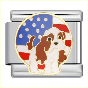 Vue détaillée d'un charme italien en acier avec motif chien et drapeau américain