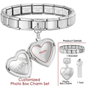 Custom stainless steel heart locket charm set with Italian bracelet and DIY tool