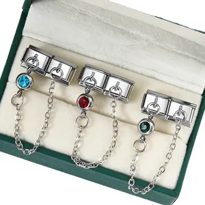Italian modular charm bracelet with birthstones in stainless steel, double hook DIY design.