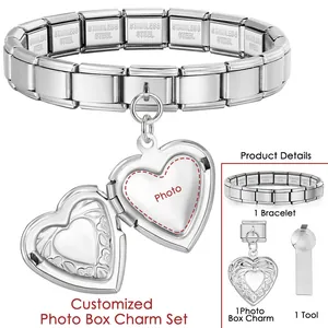Stainless steel heart photo locket charm set with Italian link bracelet tool