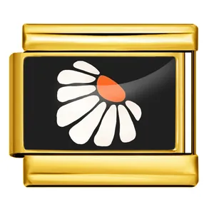 Close-up of gold-plated stainless steel Italian charm featuring a white daisy flower design.