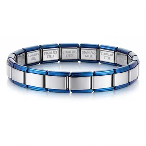 Adjustable Italian modular stainless steel bracelet featuring blue and silver links
