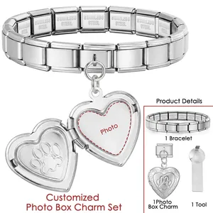 Detail view of customizable stainless steel heart photo locket with Italian link bracelet