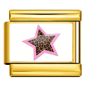 Detailed view of gold Italian charm link with pink-bordered leopard star motif