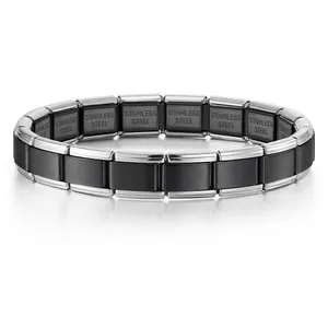 Silver and black stainless steel Italian modular charm bracelet for men and women