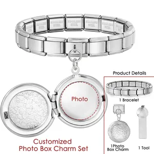 Detailed view of stainless steel Italian charm bracelet and photo locket charm set