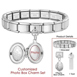 Detailed view of stainless steel Italian charm bracelet set with locket and tool.
