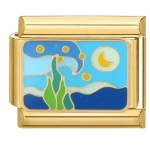 Italian charm link in gold stainless steel with Van Gogh Starry Night enamel design