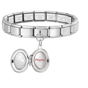 Customized silver stainless steel Italian charm bracelet with locket photo pendant