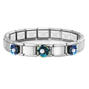 Pulsera modular italiana de acero inoxidable con colgantes de flores esmaltadas