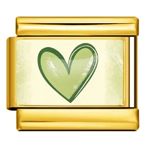 Italian modular charm in gold stainless steel with a green heart design for DIY bracelets
