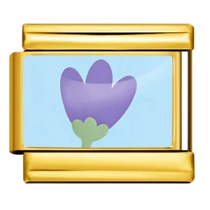Elegant gold stainless steel Italian charm link featuring a purple tulip flower design