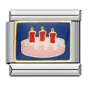 Close-up detail of stainless steel Italian charm link with enamel birthday cake.