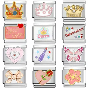 Assorted stainless steel Italian modular charms featuring crown heart and queen motifs