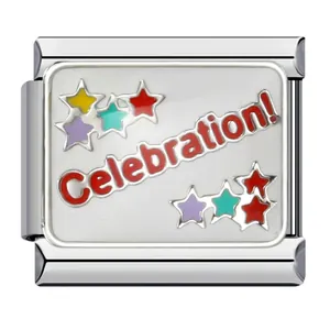 Close-up of Italian charm with red Celebration text and colorful stars.