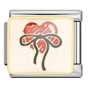 Détail macro du lien de charme italien avec cœur rouge et nœud noir sur émail