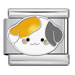 Close-up of cute tricolor puppy enamel pattern on stainless steel Italian charm link