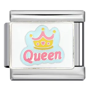 Close-up of stainless steel Italian charm link with pink crown and Queen enamel design