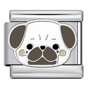 Macro view of a cute cartoon pug enamel charm link for modular stainless steel bracelets
