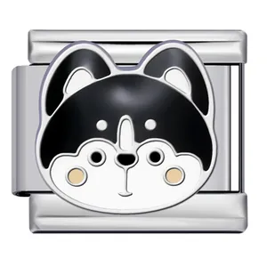 Detail view of a cute cartoon dog enamel charm for Italian modular bracelets.