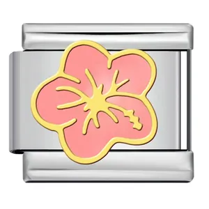 Stainless steel Italian charm link with pink hibiscus flower enamel design for DIY bracelet.