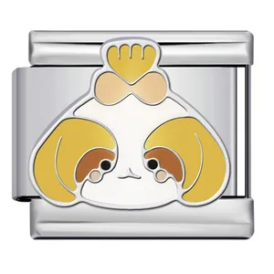 Macro detail of a cute cartoon dog stainless steel Italian charm link for DIY jewelry.