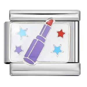 Stainless steel Italian charm bracelet link featuring lipstick and stars pattern