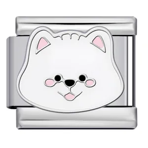Detailed view of cute cartoon dog enamel charm for stainless steel Italian bracelet links