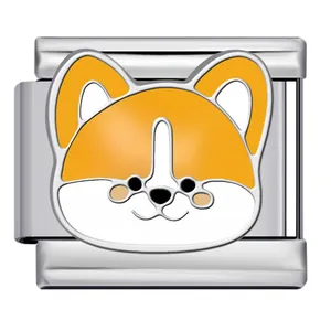Detailed view of yellow cartoon dog enamel charm for Italian modular bracelet links