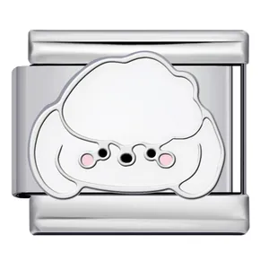 Close-up of a stainless steel Italian modular charm link featuring a cute white cartoon dog