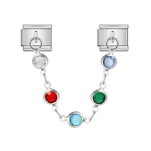 Eslabón de pulsera modular italiana de acero con una cadena de cristales de colores