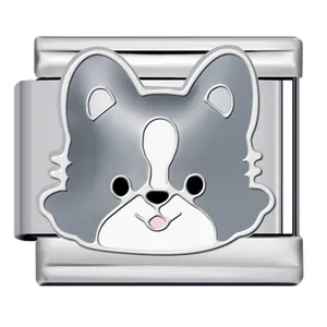 Cute cartoon grey husky dog Italian charm link in titanium steel for DIY charm bracelet