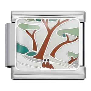 Italian bracelet charm link in stainless steel with green tree enamel design