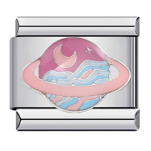 Detailed macro view of an Italian modular charm with a pink and blue space planet design