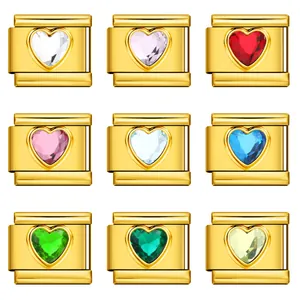 Roestvrij Staal Hart Strass Italiaanse Modulaire Charm DIY Armband Link Vergulde Sieraden Component Accessoire Voor Vrouwen