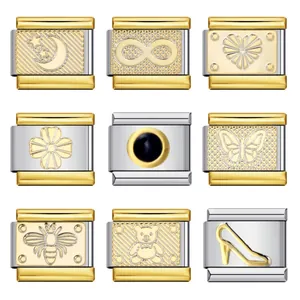 Eslabón de Abalorio Italiano de Acero Inoxidable para Pulsera DIY Bicolor Oro Plata Metal Mariposa Corazón Estrella Luna Abalorios Joyería