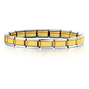 Close-up of two-tone stainless steel Italian modular elastic charm bracelet links