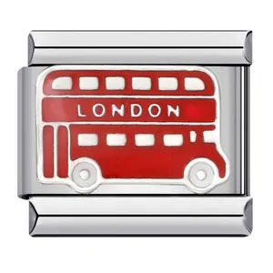 Macro detail of red London double-decker bus Italian charm link made from stainless steel
