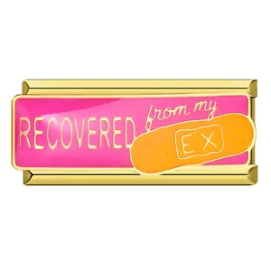 Gold-plated titanium steel bracelet link with 'RECOVERED from my EX' pink enamel design.
