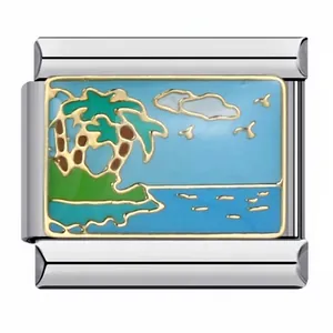 Detail view of an Italian charm module with colorful enamel palm tree and sea landscape.