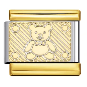 Vista detallada de un abalorio de osito para pulsera modular italiana en oro y plata