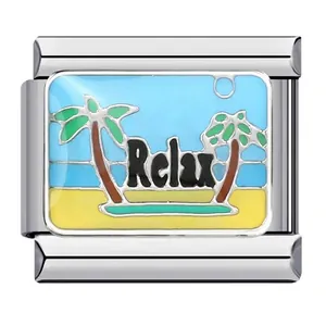 Detail of a stainless steel Italian charm featuring a beach and palm tree design.