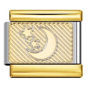Abalorio de pulsera modular italiana con diseño de luna creciente y estrellas en oro y plata