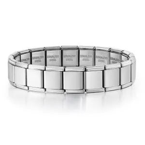 Polished silver stainless steel modular charm bracelet featuring elastic rectangular links
