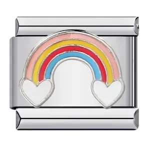 Detail of Italian charm link featuring a colorful enamel rainbow and white hearts