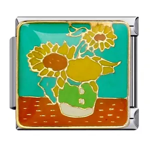 Macro view of sunflower enamel Italian charm in stainless steel for DIY bracelets.