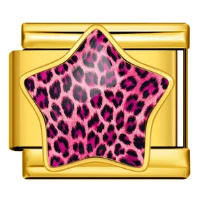 Gouden roestvrijstalen Italiaanse modulaire bedel met een roze luipaardprint ster