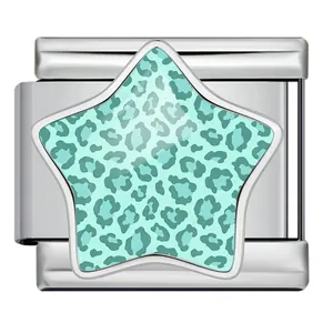Italiaanse bedelschakel van staal met turquoise luipaardprint ster voor armband