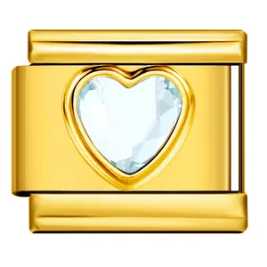 Charm modulare italiano dorato con cristallo a cuore per bracciale in acciaio inossidabile
